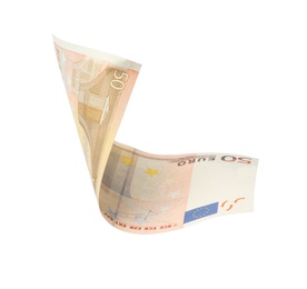Photo of Flying fifty Euro banknote isolated on white