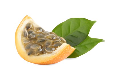 Photo of Piece of delicious ripe granadilla with green leaves on white background