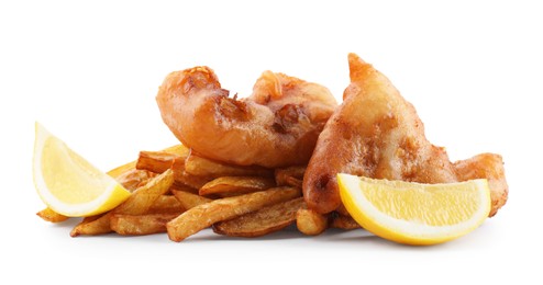 Tasty fish and chips with lemon isolated on white