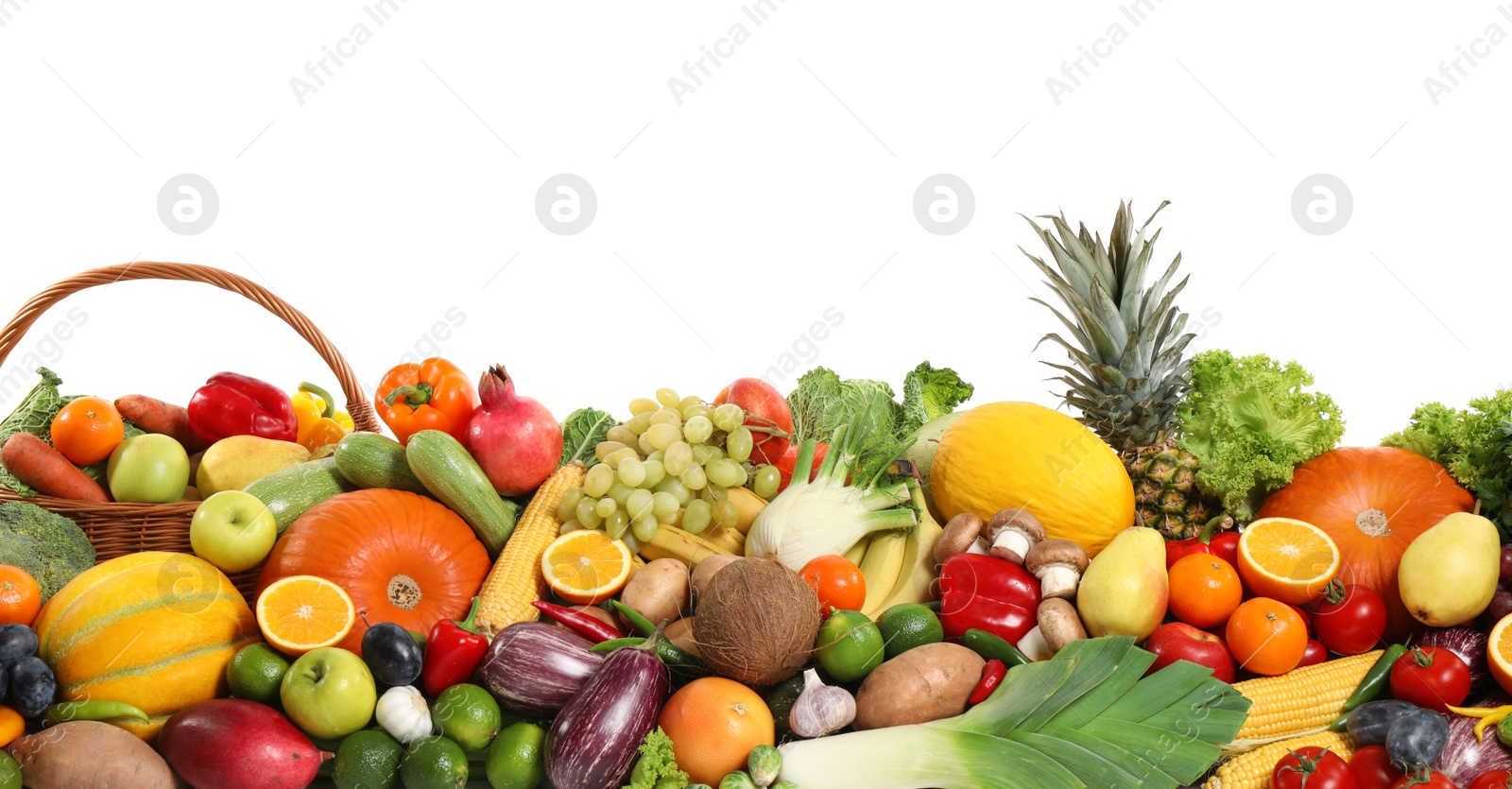 Photo of Assortment of fresh organic fruits and vegetables on white background. Banner design