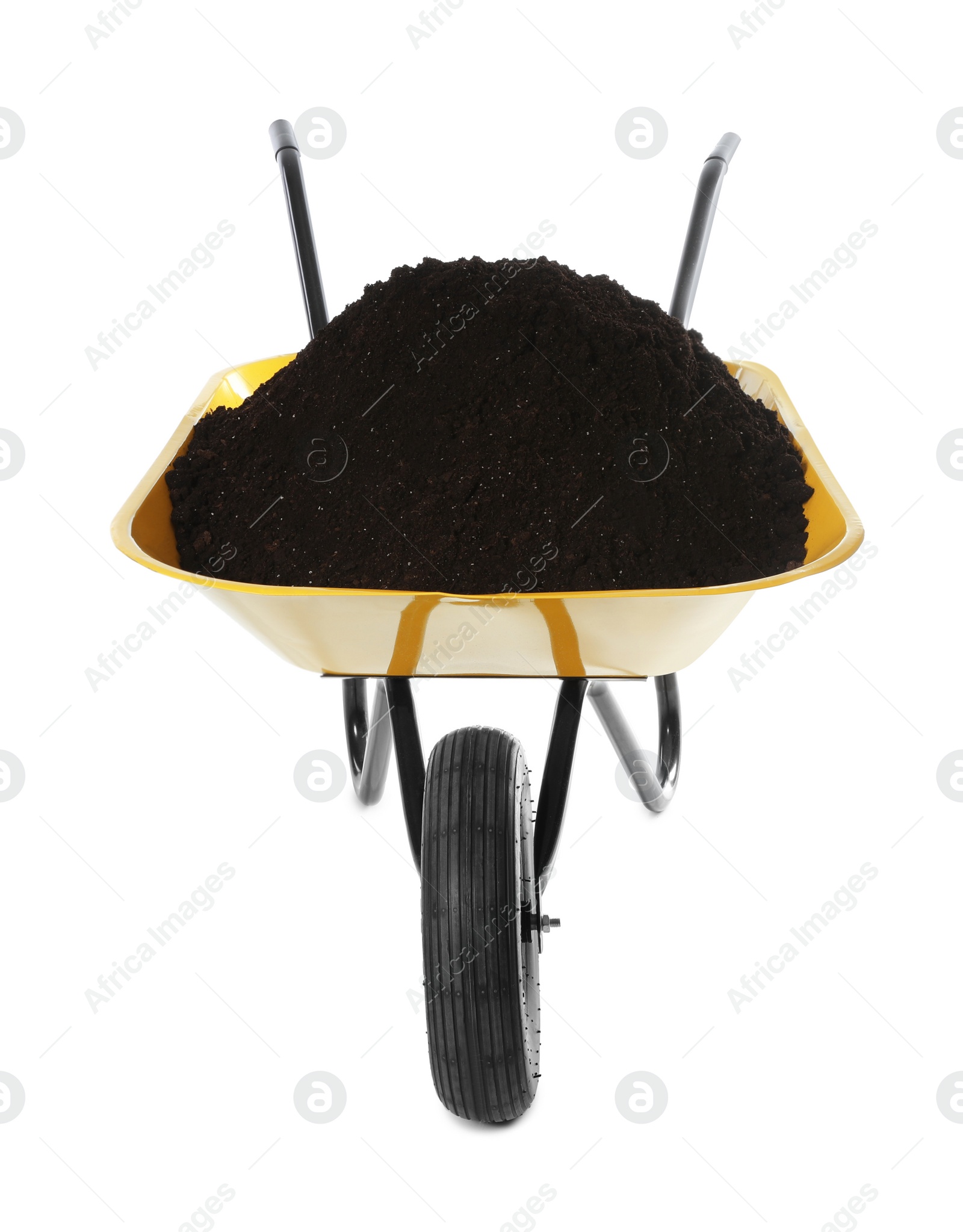 Photo of Wheelbarrow with soil isolated on white. Gardening tool