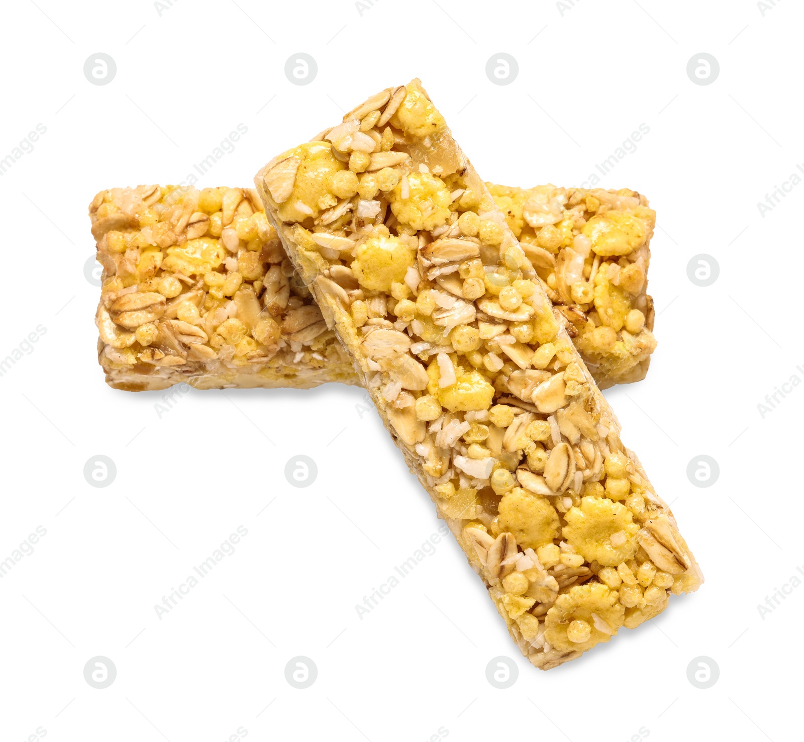 Photo of Two tasty granola bars isolated on white, top view