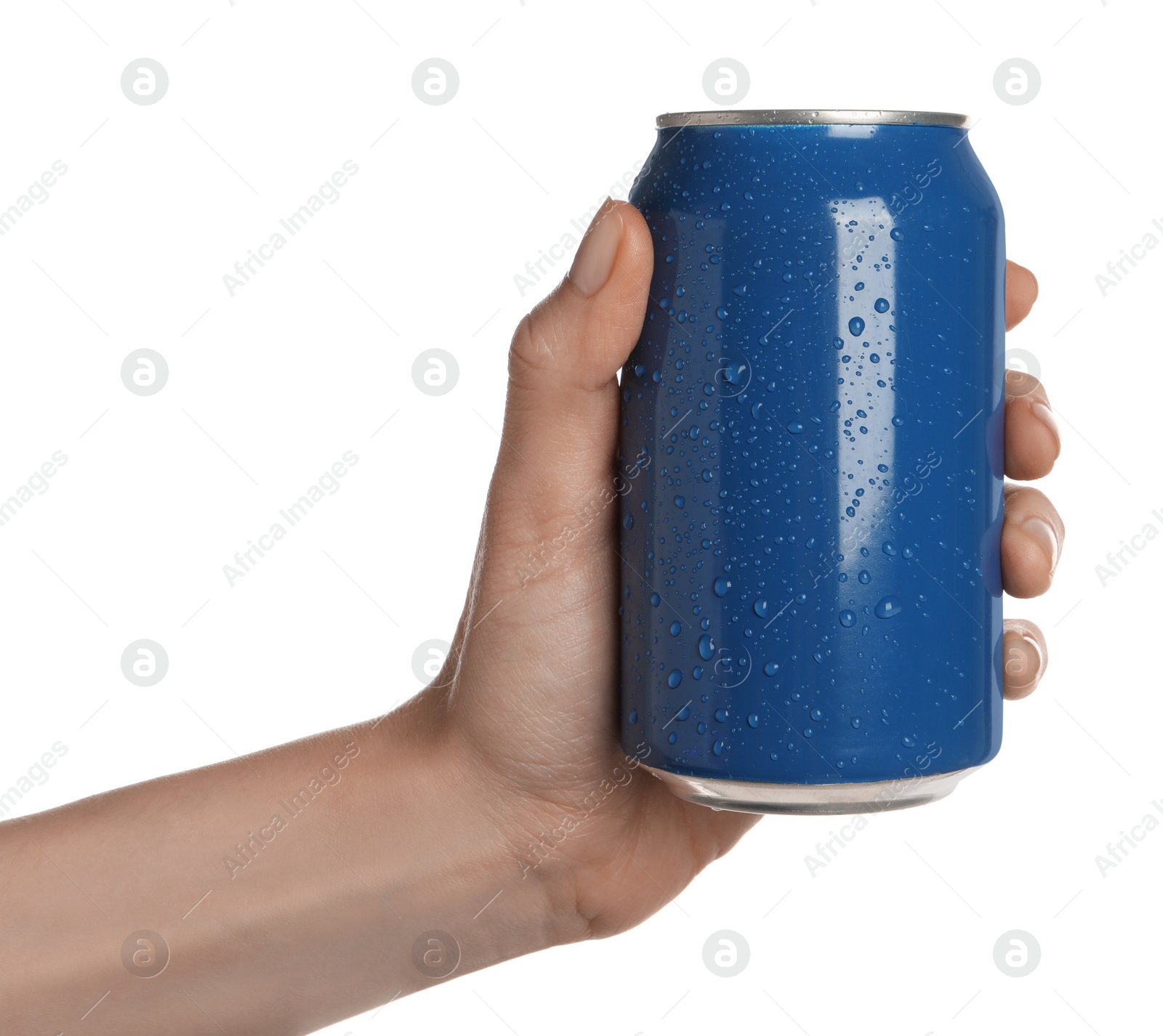 Photo of Woman holding blue aluminum can on white background, closeup