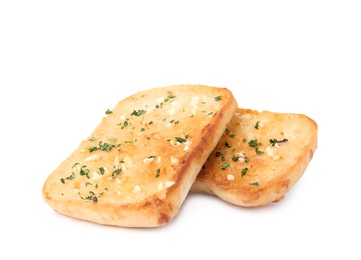 Photo of Slices of tasty garlic bread with herbs isolated on white