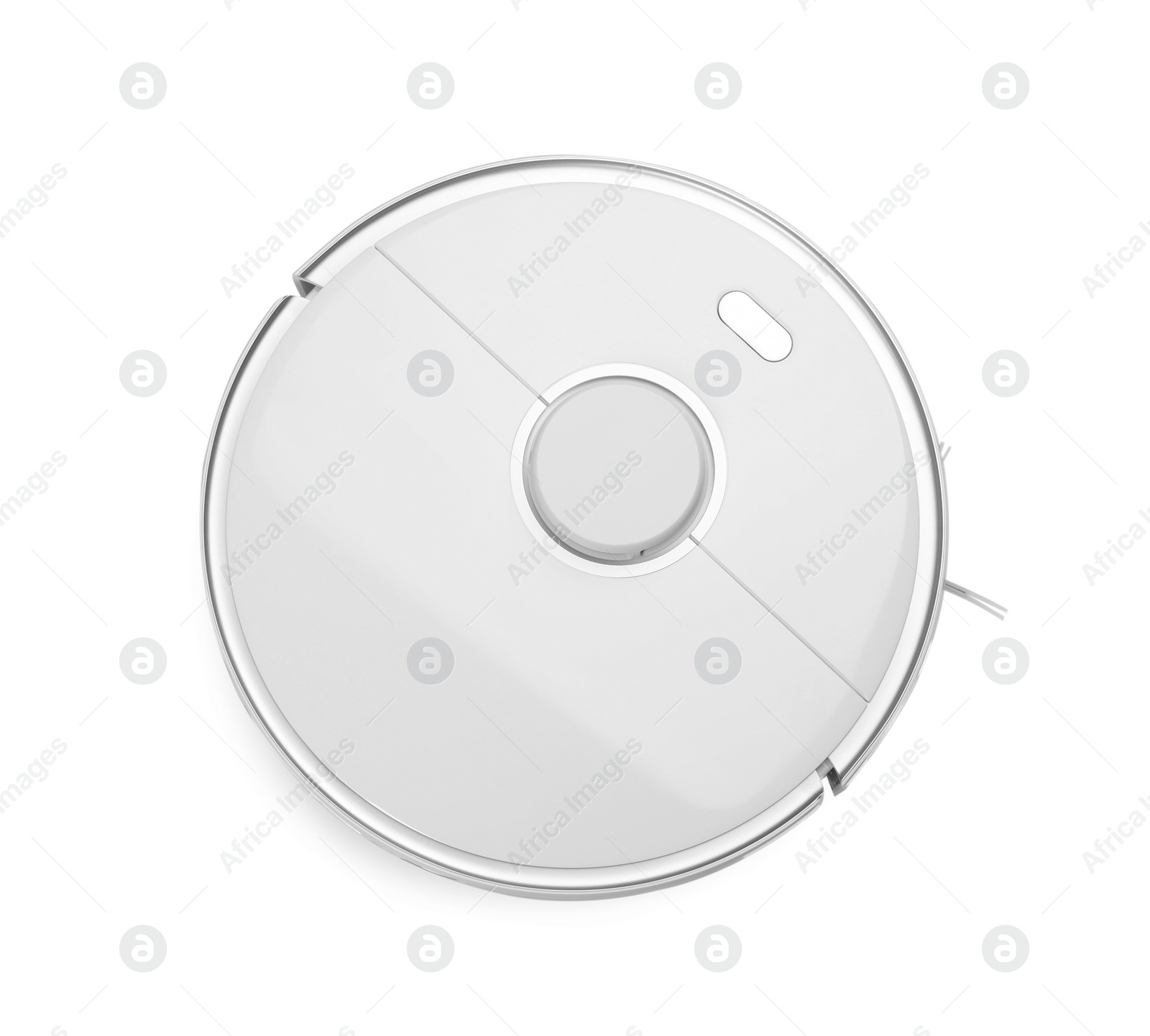 Photo of Modern robotic vacuum cleaner isolated on white, top view