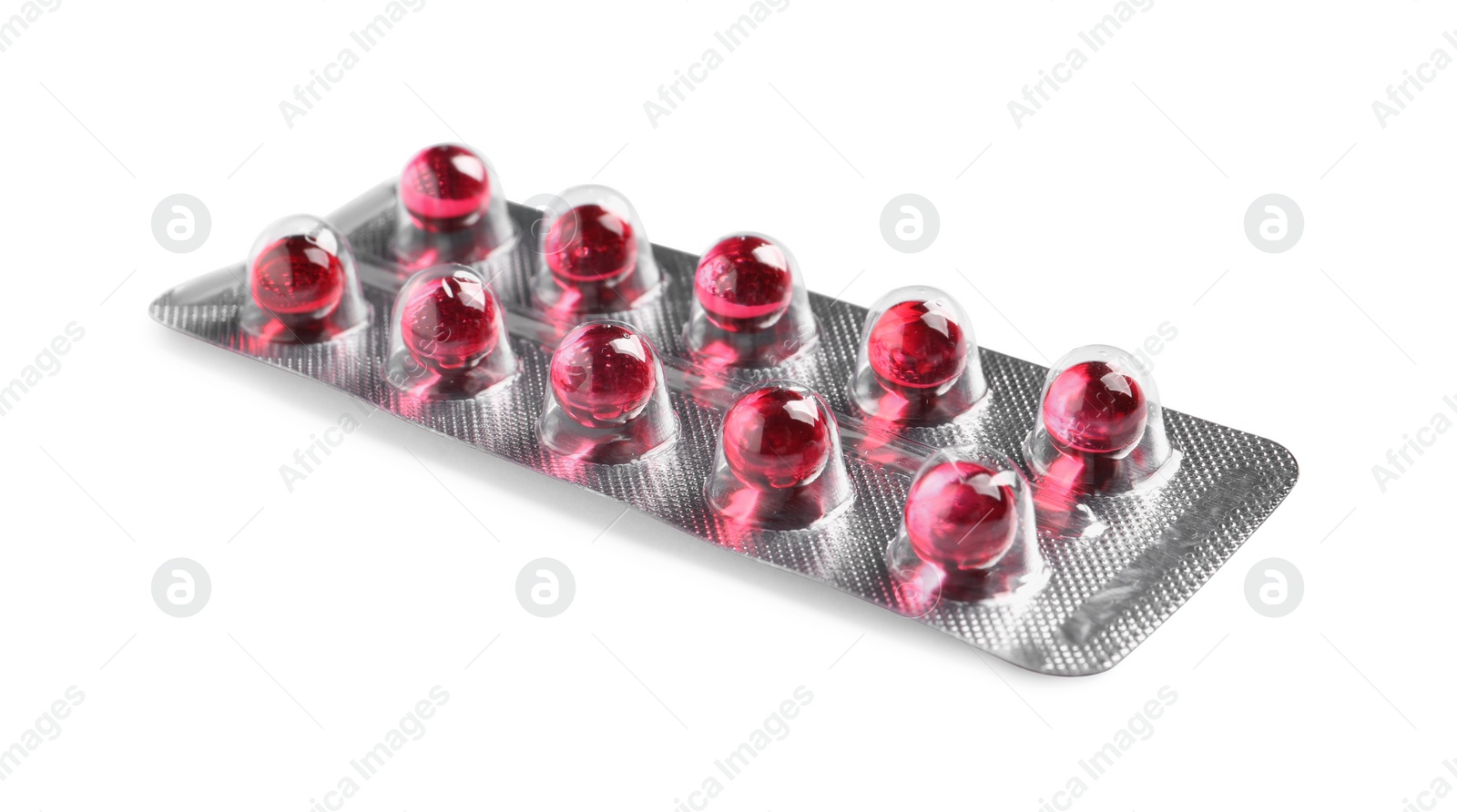 Photo of Blister with bright pills isolated on white