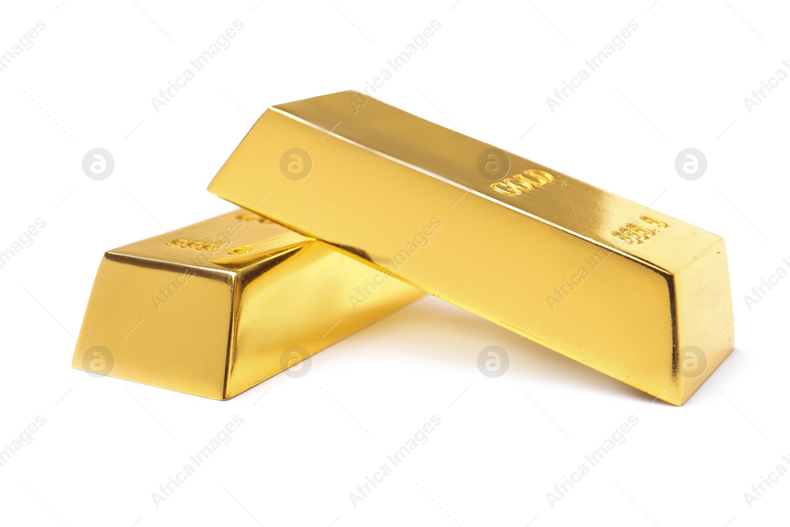 Photo of Precious shiny gold bars on white background