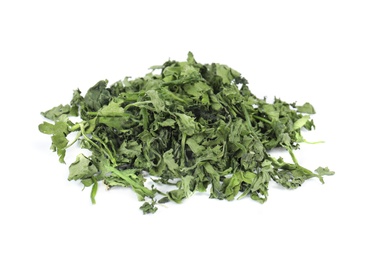 Photo of Heap of dried parsley on white background