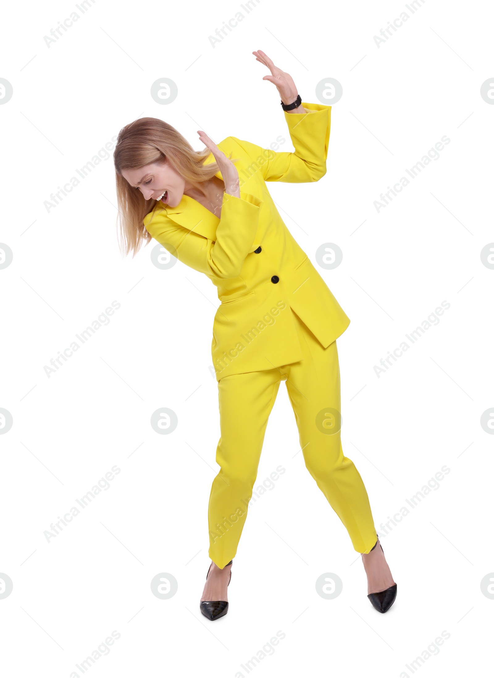 Photo of Beautiful emotional businesswoman avoiding something on white background