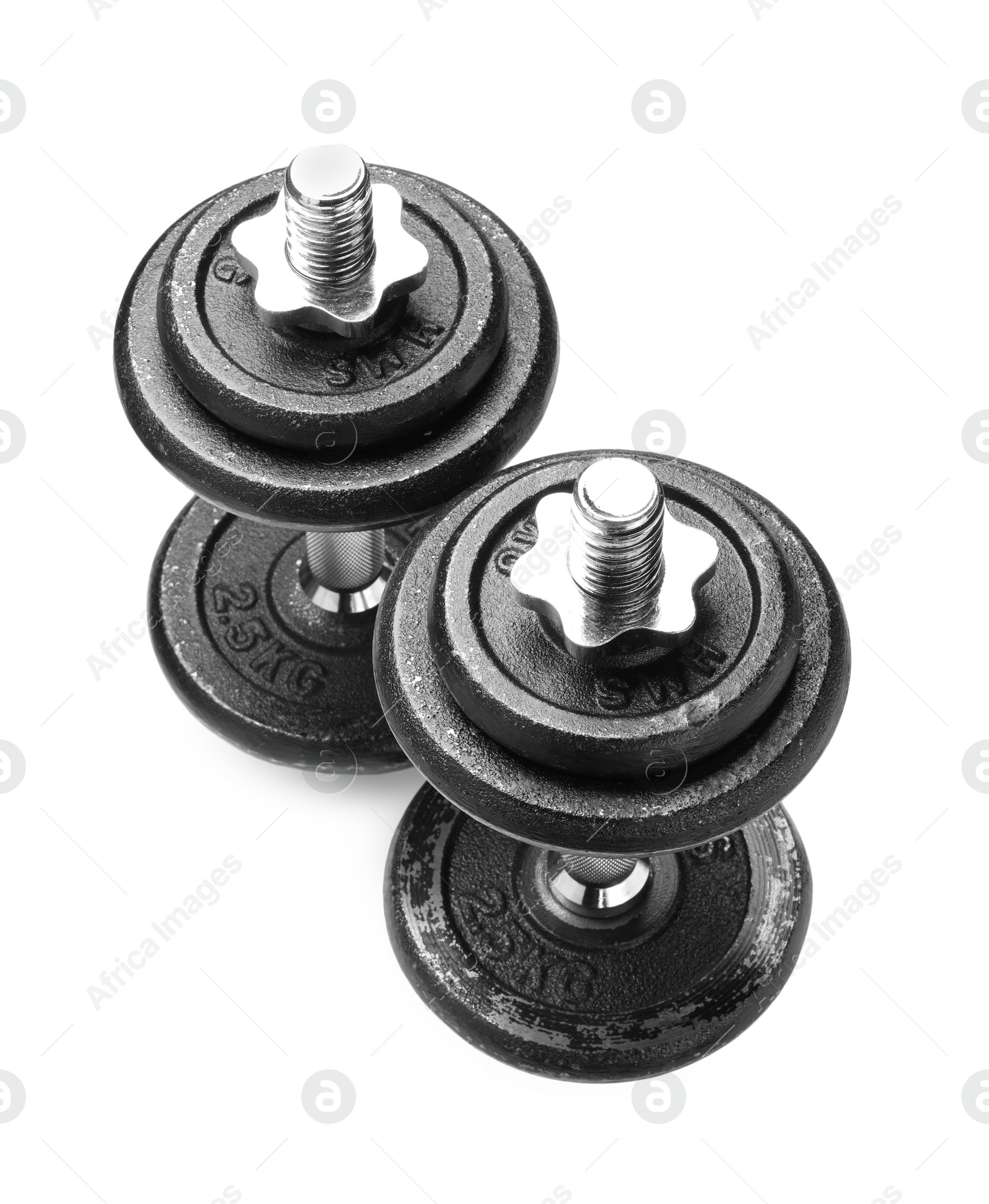 Photo of Metal dumbbells isolated on white. Sports equipment