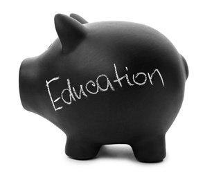Photo of Black piggy bank with word EDUCATION on white background