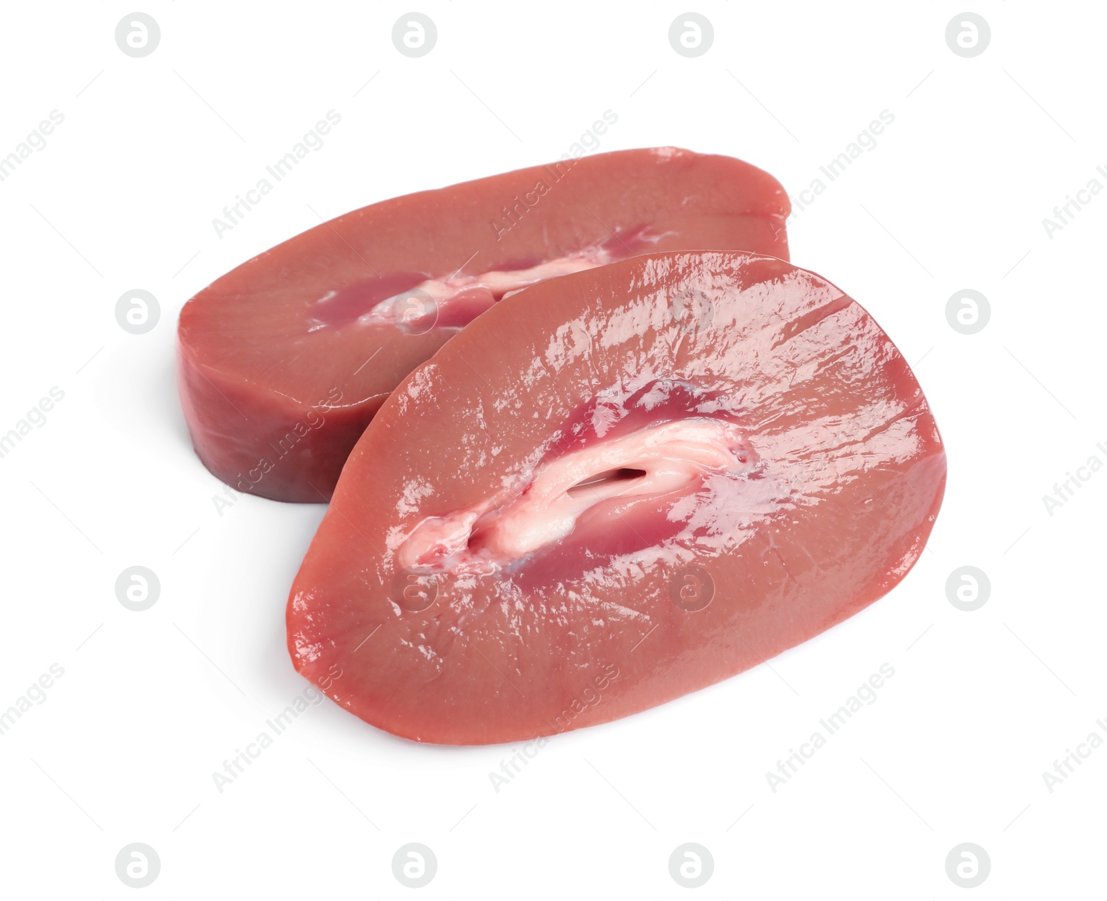 Photo of Cut fresh raw pork kidney on white background