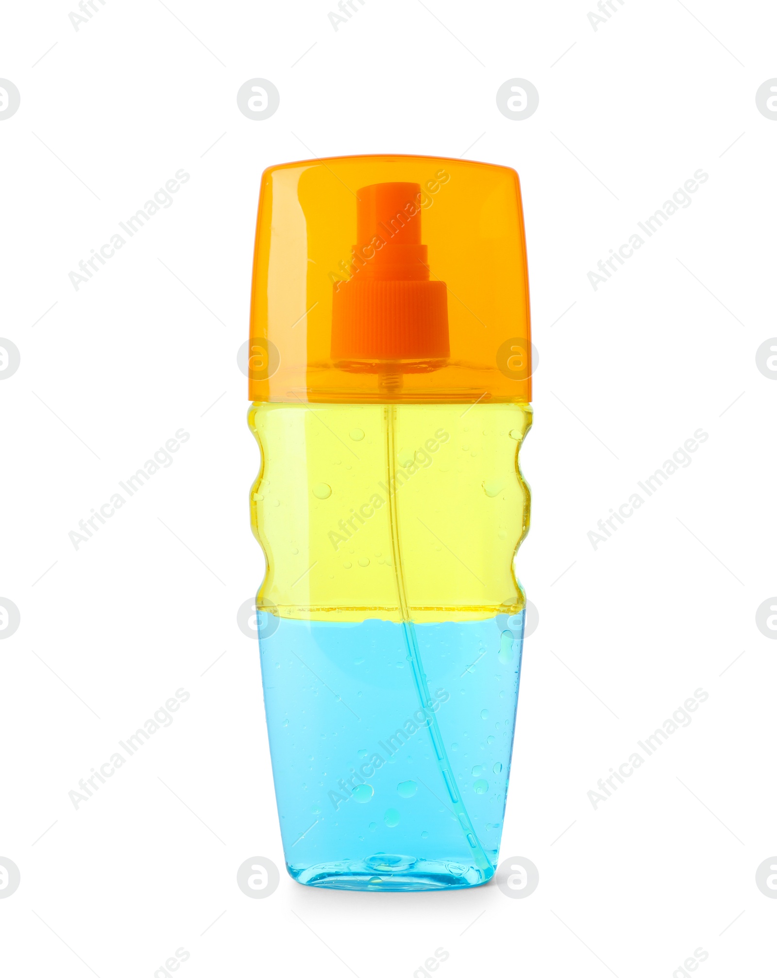 Photo of Bottle with sunscreen oil on white background. Beach object