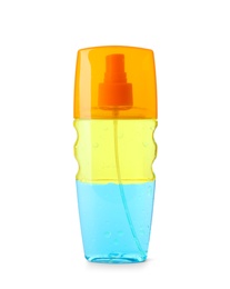 Bottle with sunscreen oil on white background. Beach object