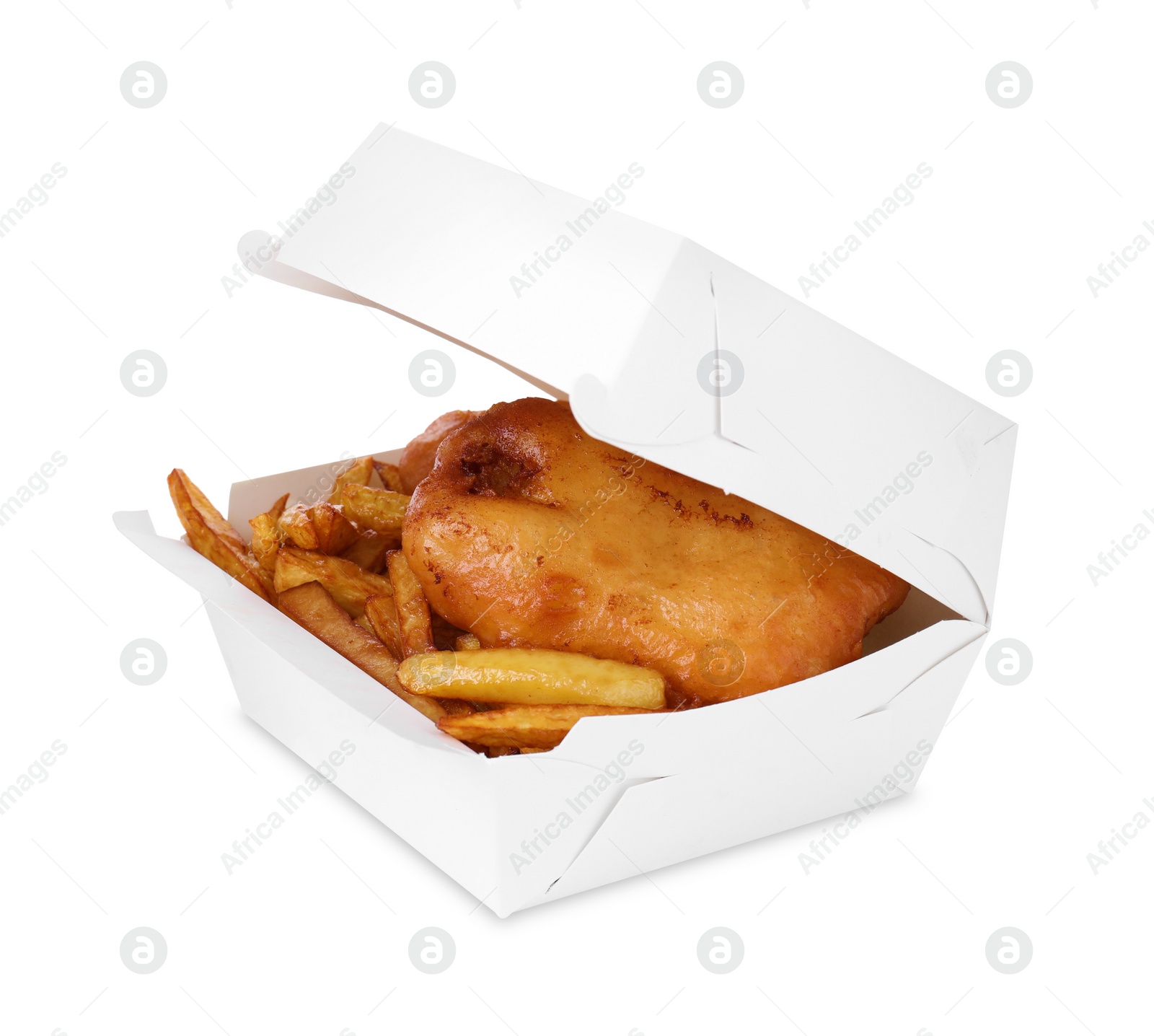 Photo of Tasty fish and chips in paper box isolated on white