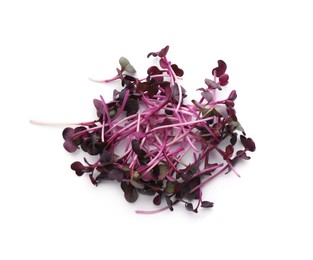 Photo of Fresh organic radish microgreens on white background, top view