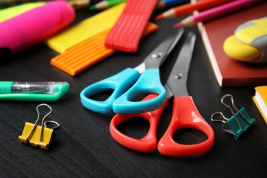 Photo of Different stationery on table, closeup. Back to school