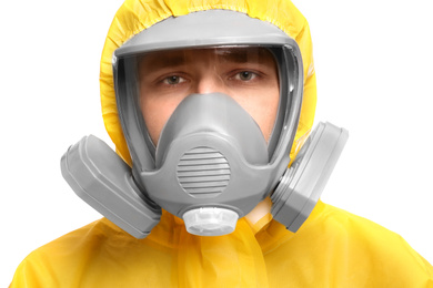 Man wearing chemical protective suit on white background, closeup. Virus research