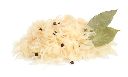 Photo of Tasty sauerkraut with peppercorns and bay leaves on white background