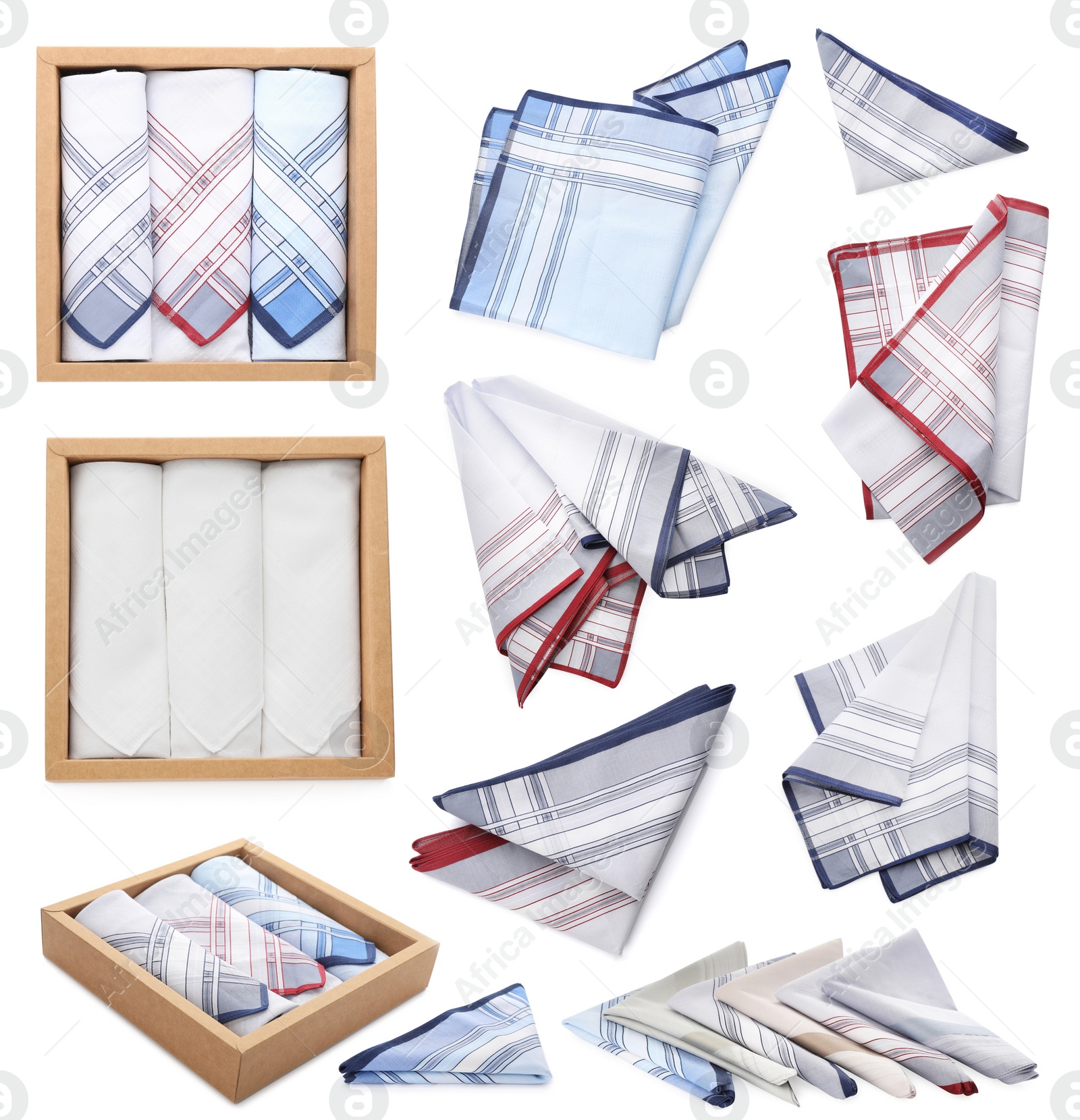 Image of Set with different handkerchiefs on white background 