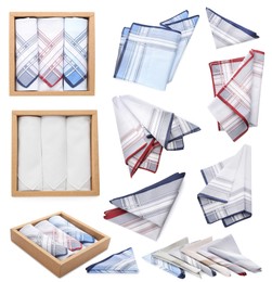 Set with different handkerchiefs on white background 