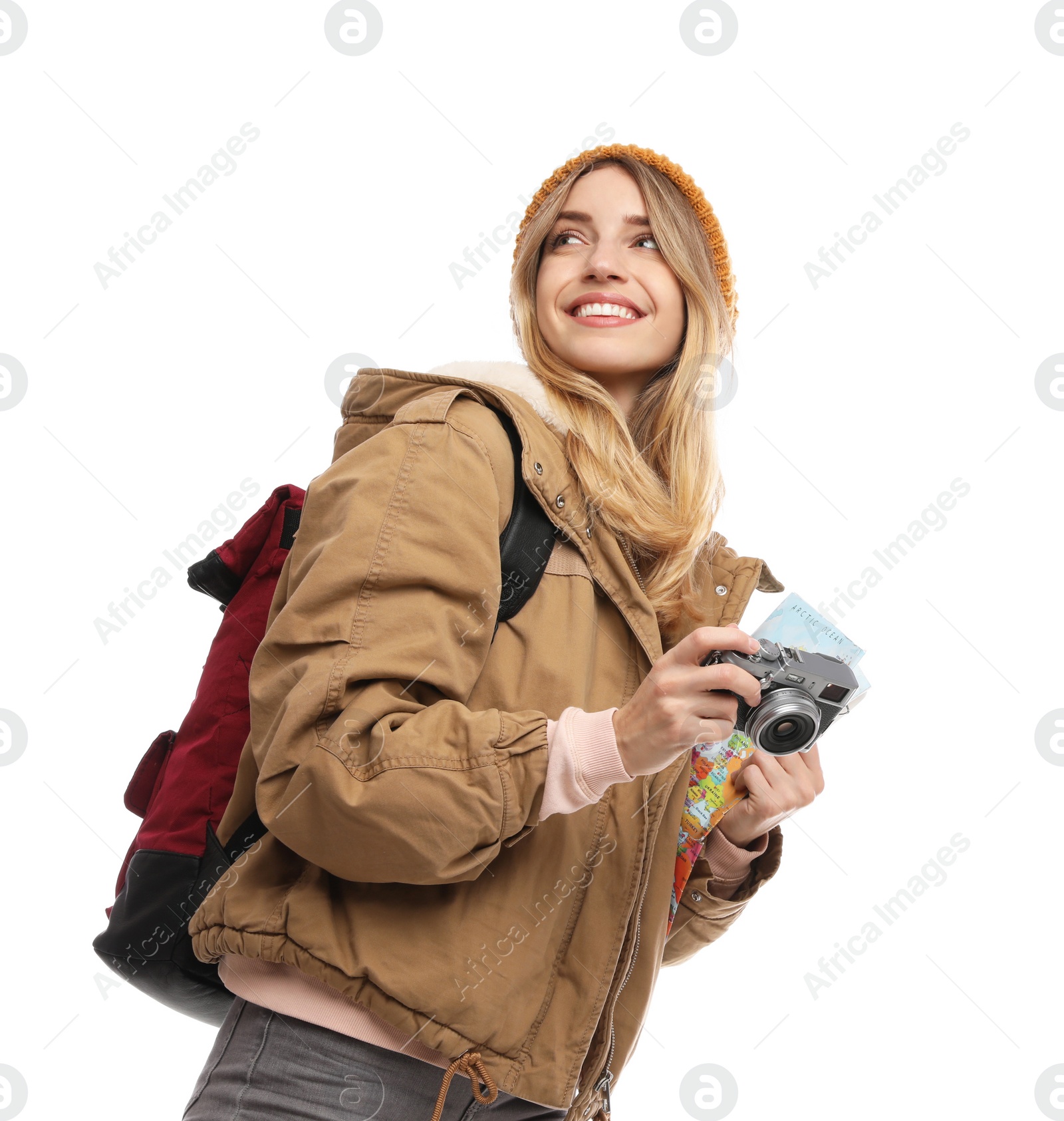 Photo of Woman with map and camera on white background. Winter travel