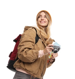 Woman with map and camera on white background. Winter travel