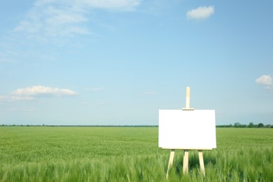 Photo of Wooden easel with blank canvas in picturesque green field on sunny day. Space for text