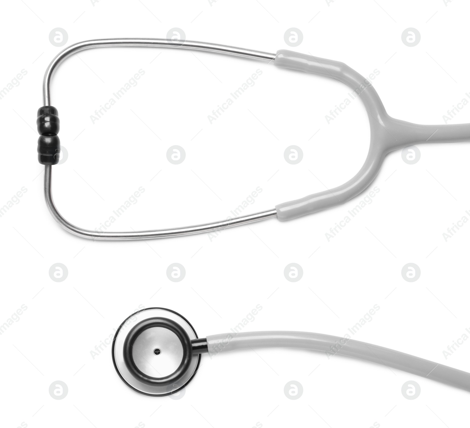 Photo of Modern stethoscope on white background, top view