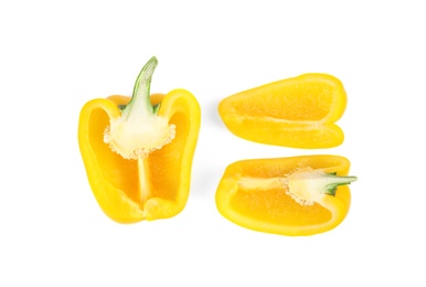 Cut yellow bell pepper isolated on white, top view