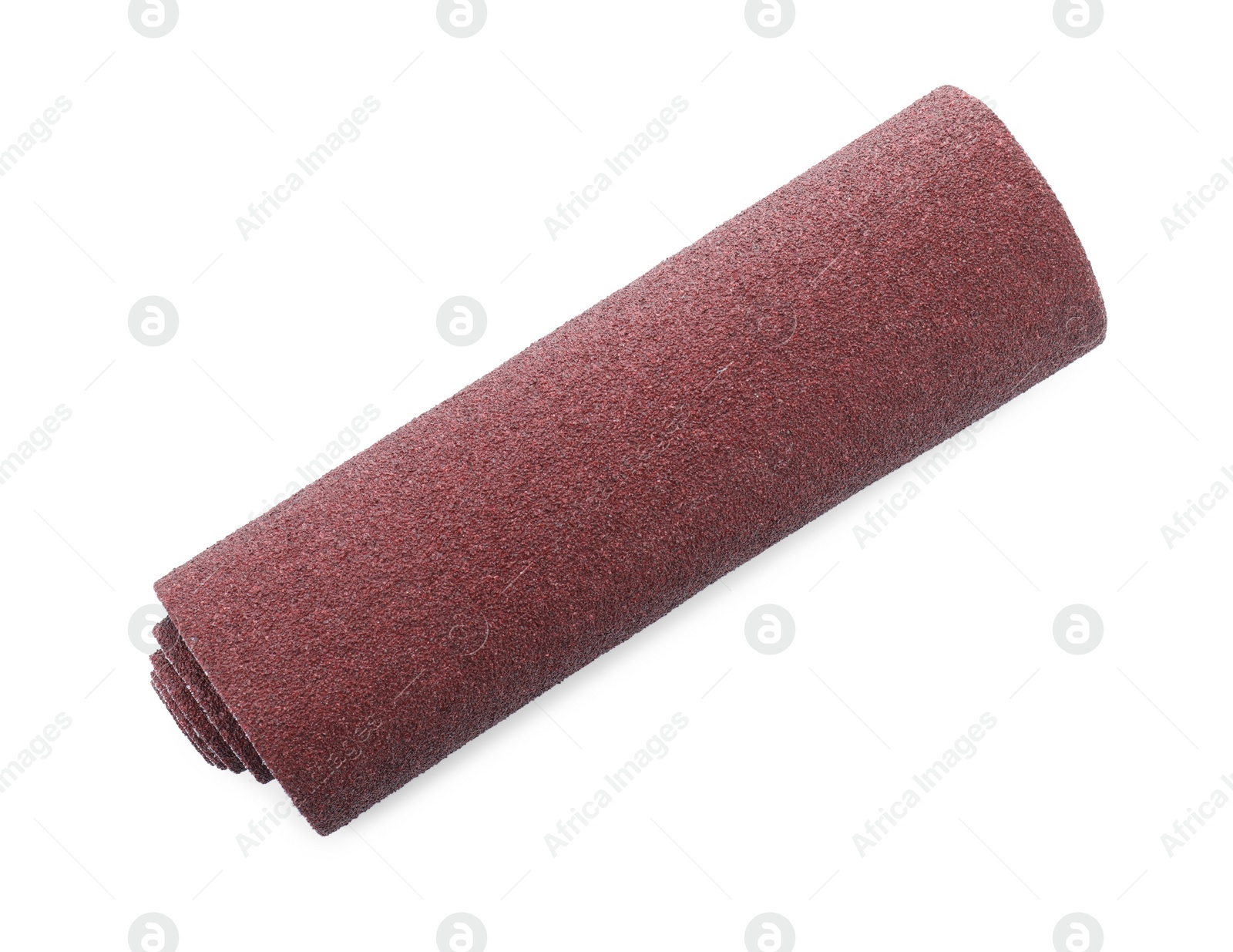 Photo of Rolled sheet of sandpaper isolated on white, top view