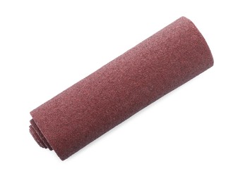 Photo of Rolled sheet of sandpaper isolated on white, top view