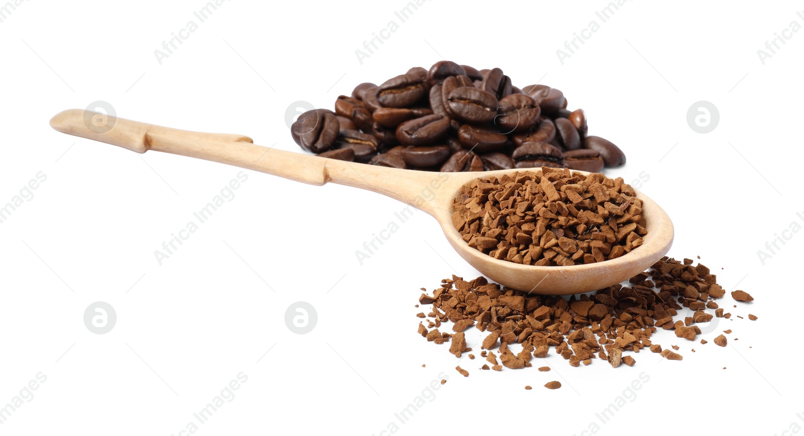 Photo of Wooden spoon of instant coffee and beans on white background