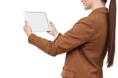 Woman holding tablet with blank screen on white background, closeup. Mockup for design