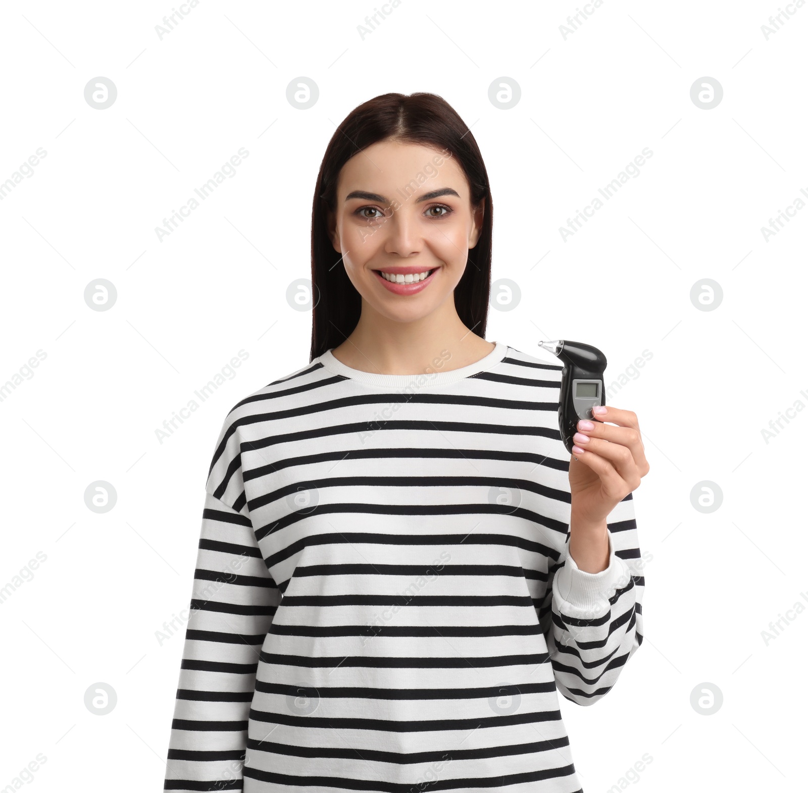 Photo of Woman with modern breathalyzer on white background