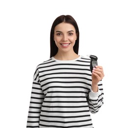 Photo of Woman with modern breathalyzer on white background