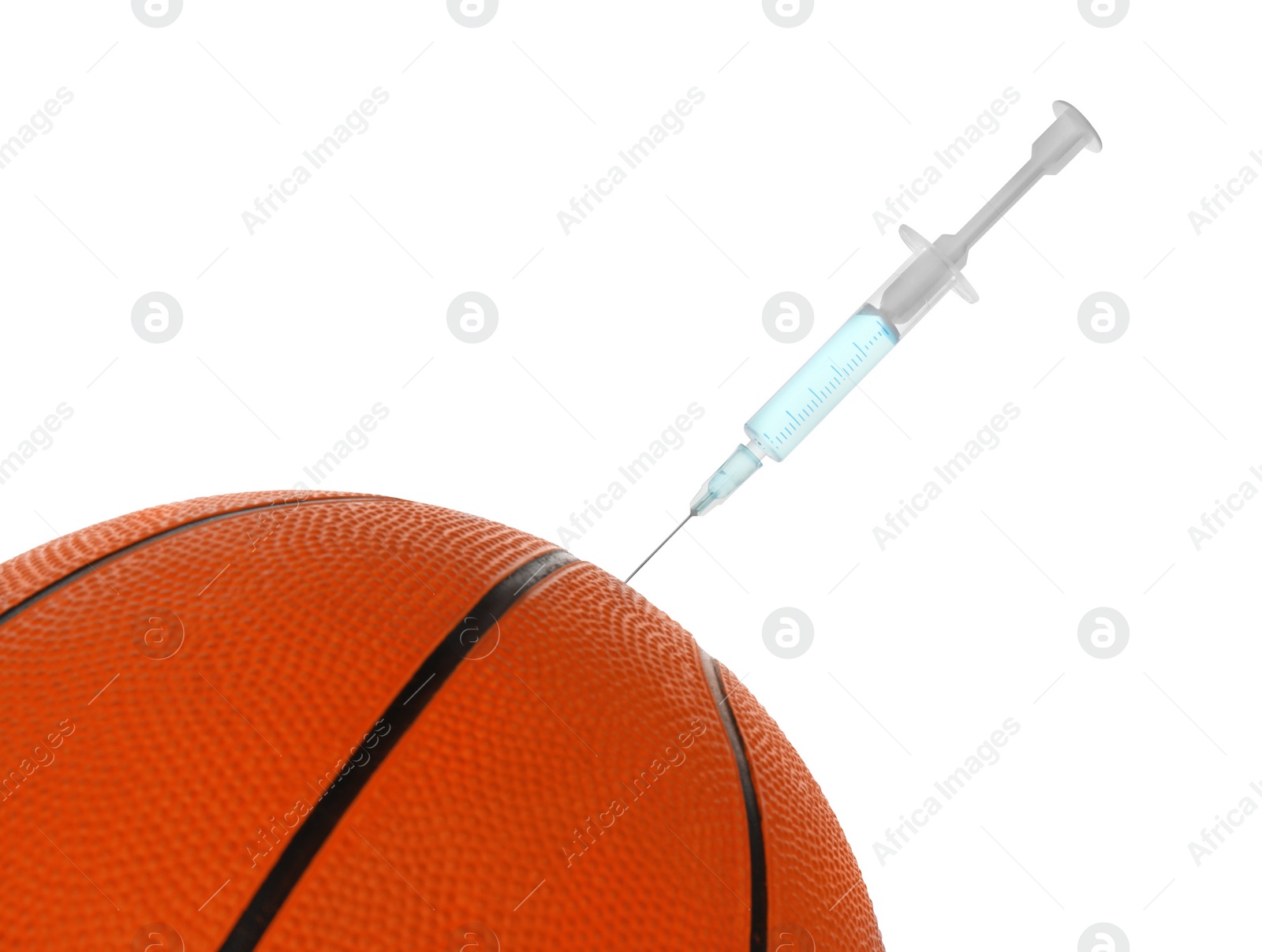 Photo of Basketball ball with syringe sticking out on white background, closeup. Doping concept