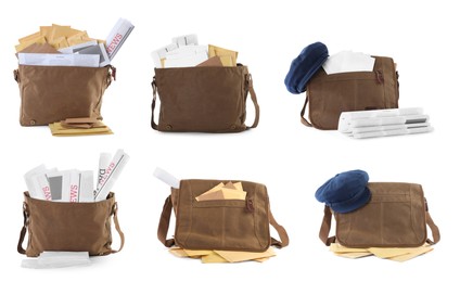 Set with different postman's bags with mails and newspapers on white background