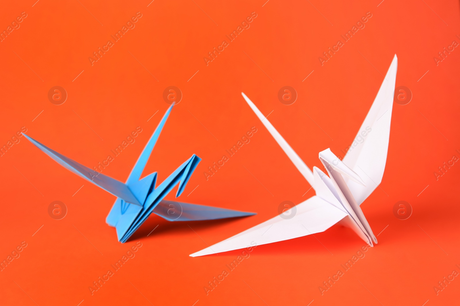 Photo of Colorful paper origami cranes on orange background