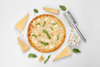 Delicious pizza with cheese on white background