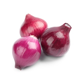 Photo of Ripe red onions on white background