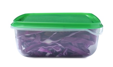 Photo of Fresh chopped red cabbage in plastic container isolated on white