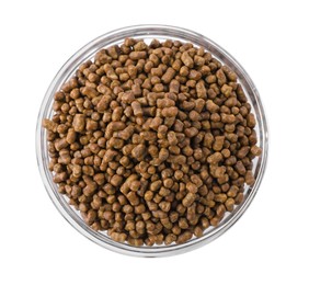 Photo of Buckwheat tea granules in bowl on white background, top view