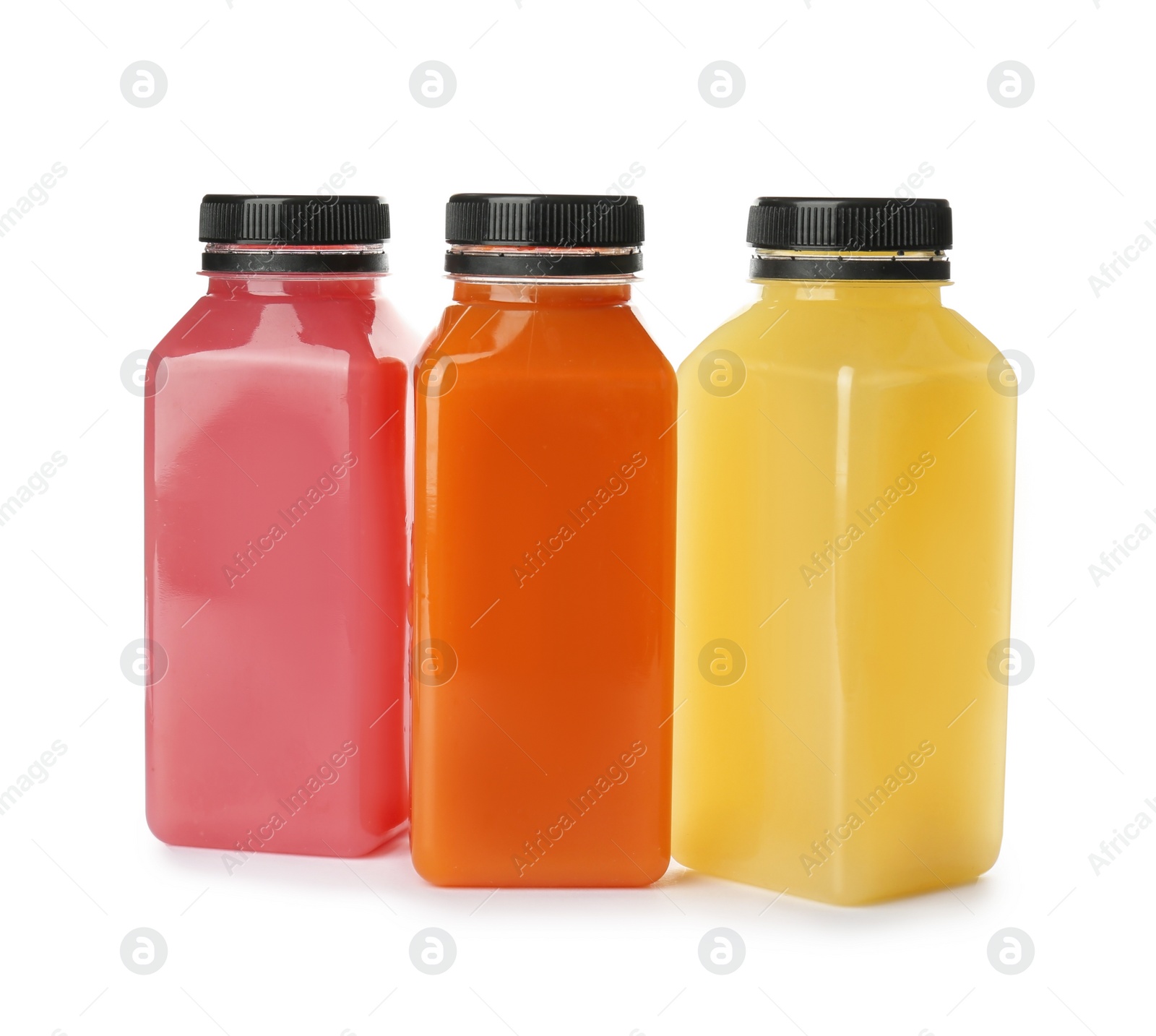 Photo of Bottles with fresh juices on white background