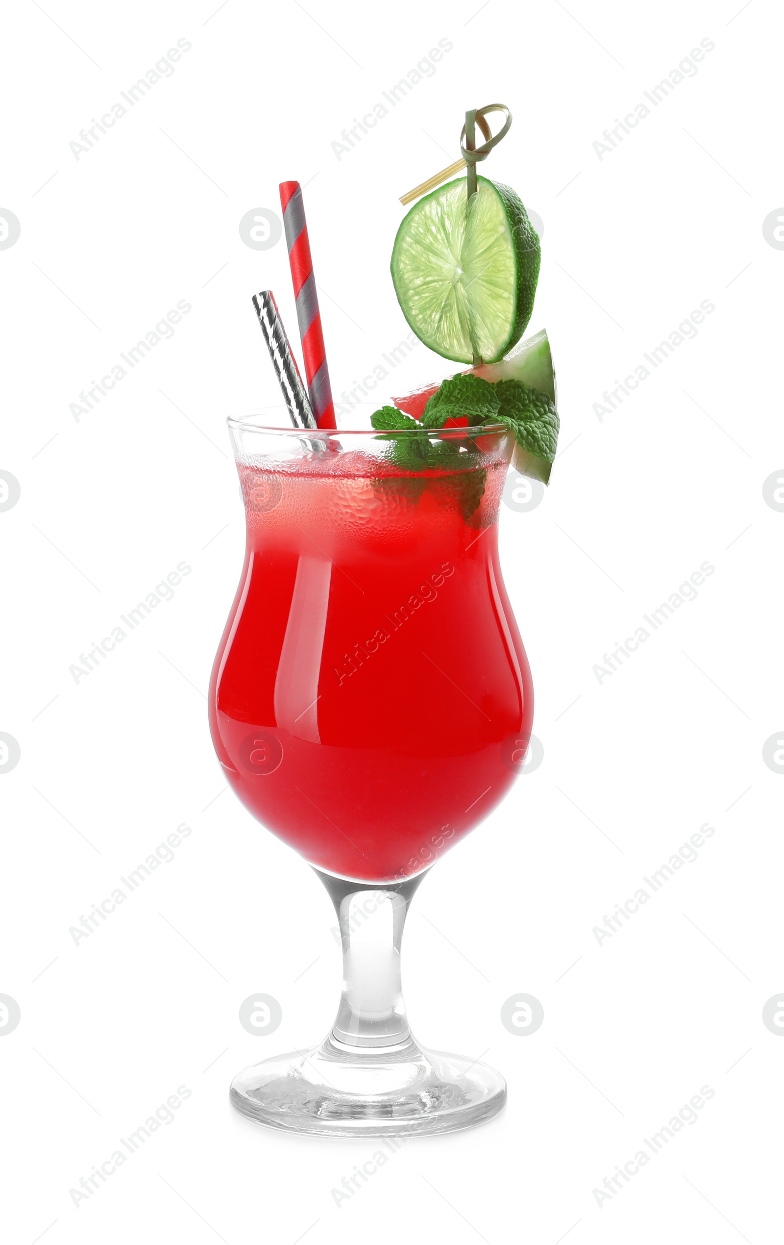 Photo of Delicious fresh watermelon drink on white background