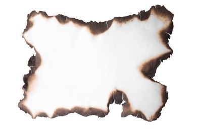 Photo of Piece of paper with dark burnt borders on white background, top view. Space for text