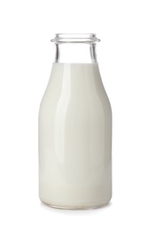 Photo of Bottle with fresh milk on white background