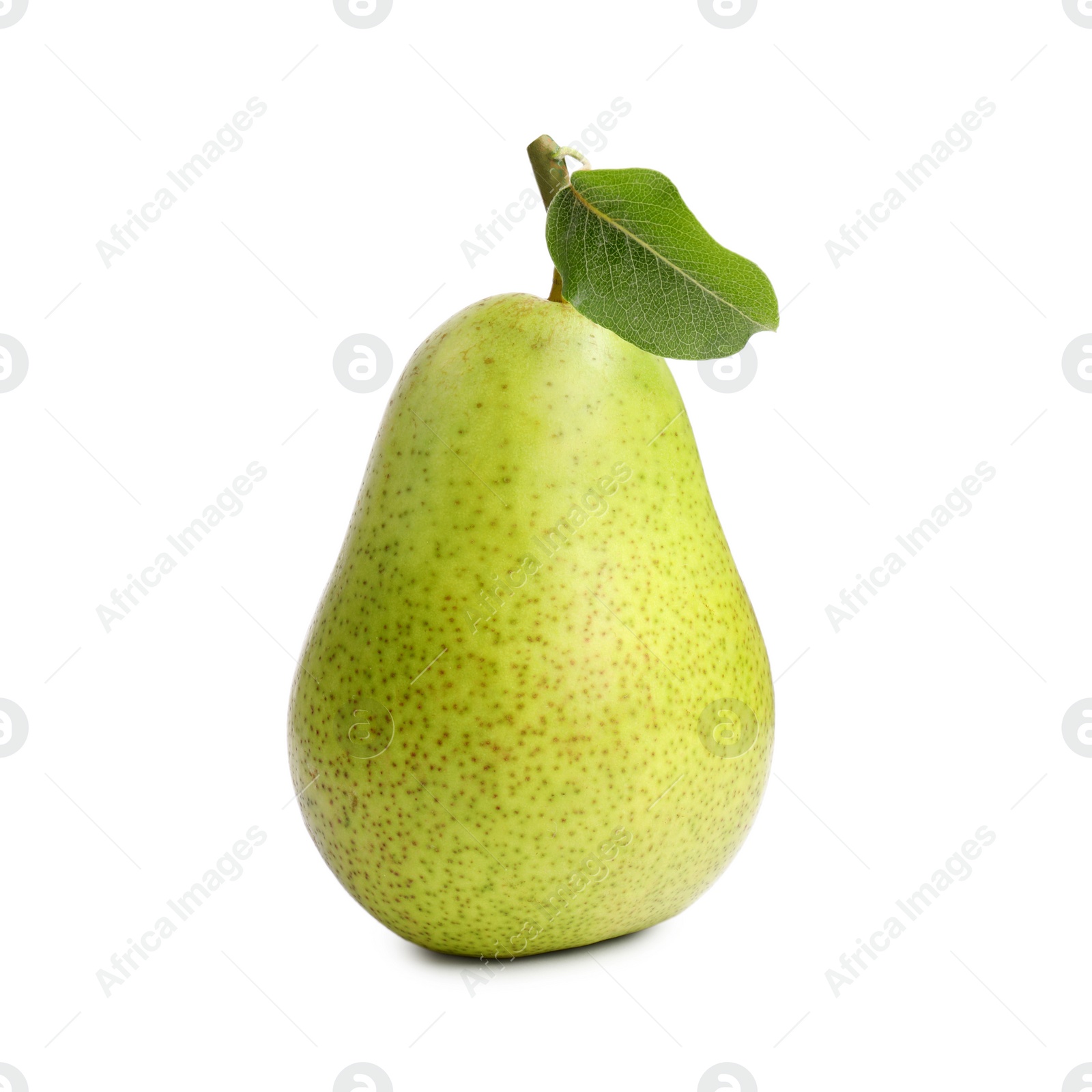 Photo of Tasty ripe pear with leaf on white background