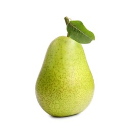 Photo of Tasty ripe pear with leaf on white background