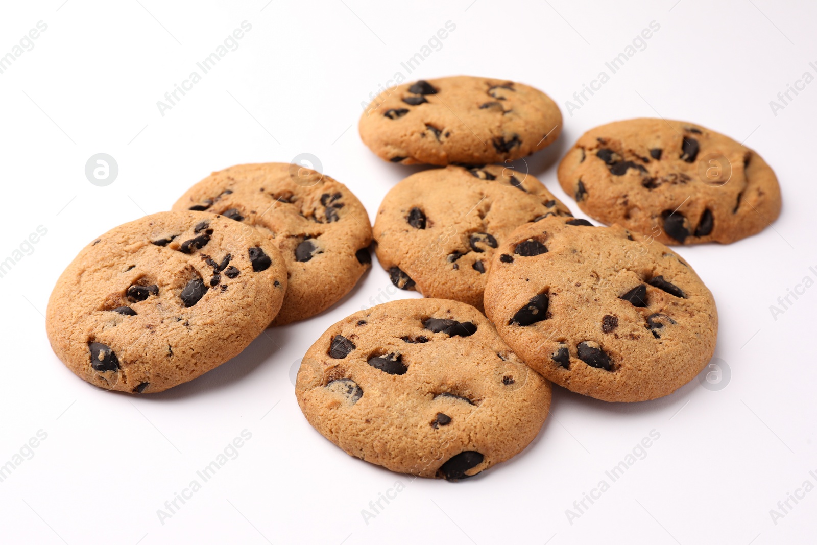 Photo of Delicious chocolate chip cookies on white background